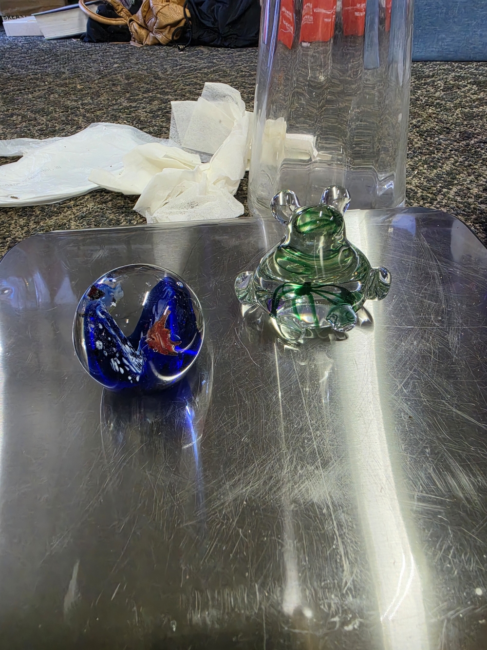 Glass Frog Figurine and Blue Art Glass Paperweight - Handcrafted Home Accents